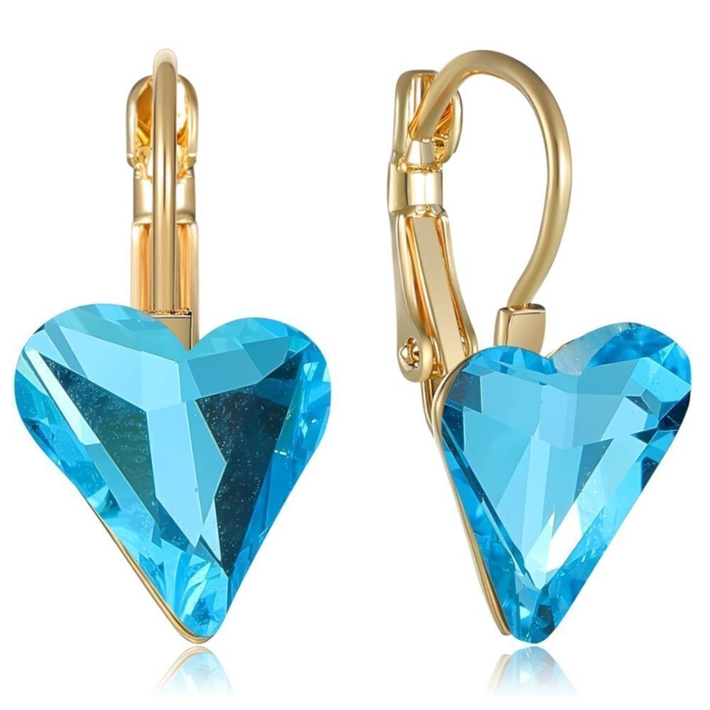 14K Yellow Gold with Aquamarine Blue Austrian Crystal Heart Leverback Earrings